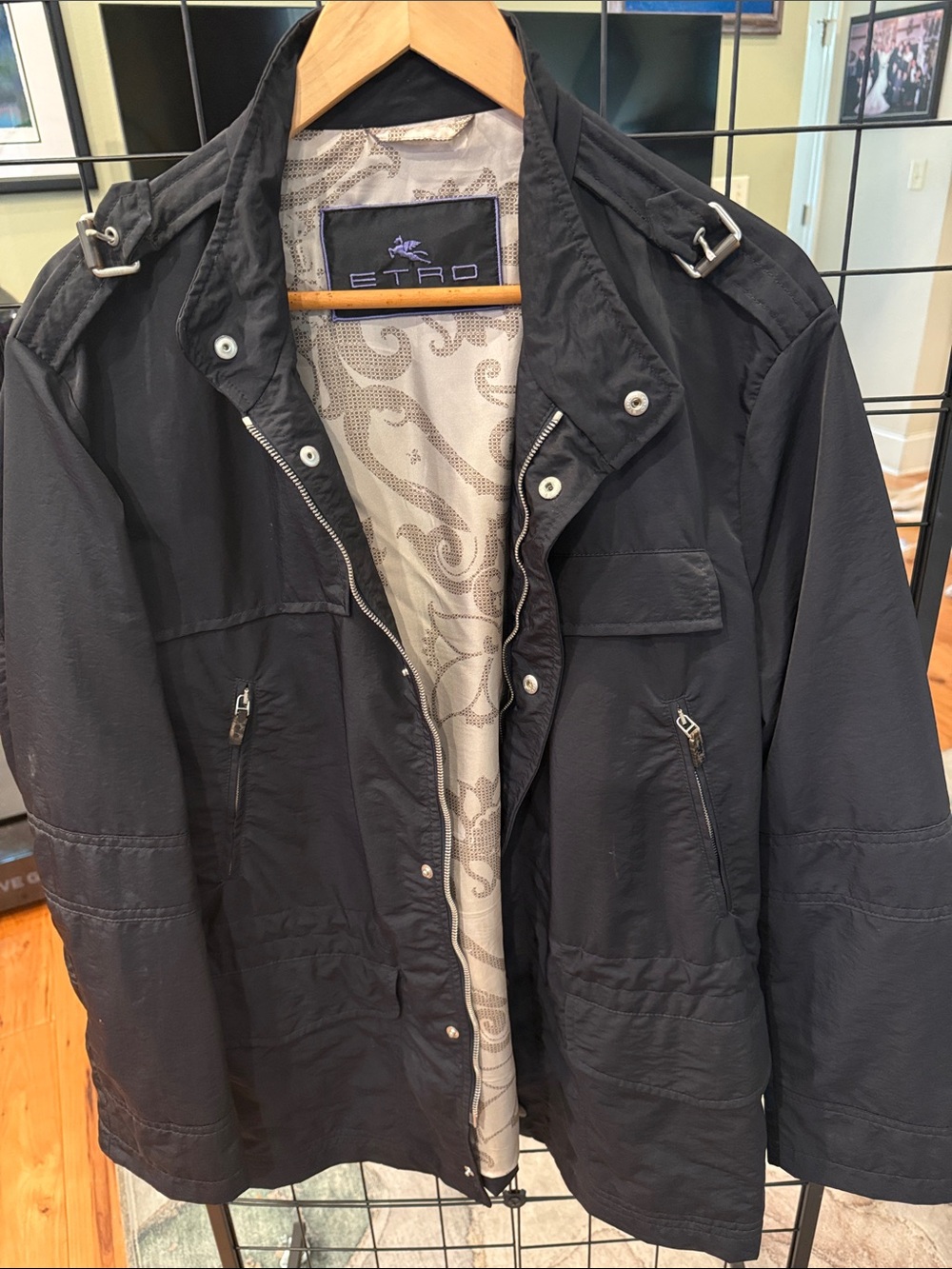 Etro Black Men's Military Field Jacket with Subtle Paisley Lining